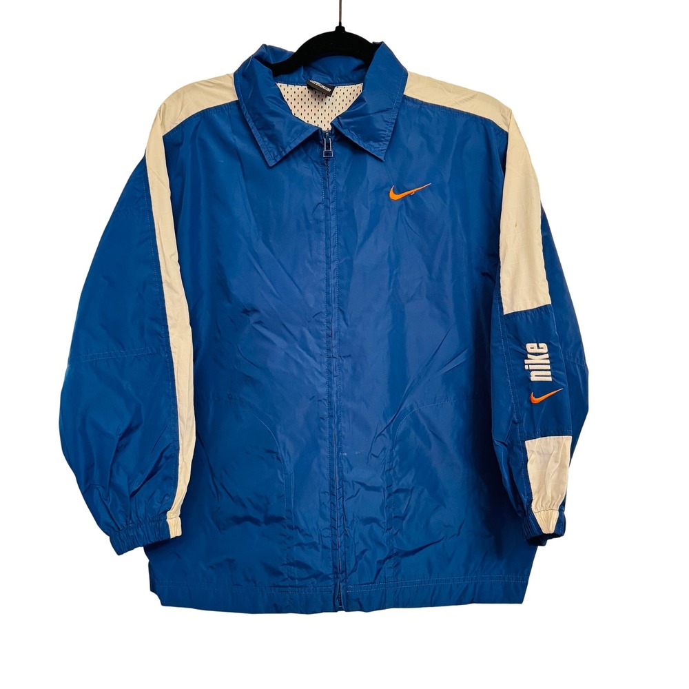 Nike Kids Medium 10-12 Vintage Style Full Zip Windbreaker Jacket Blue White